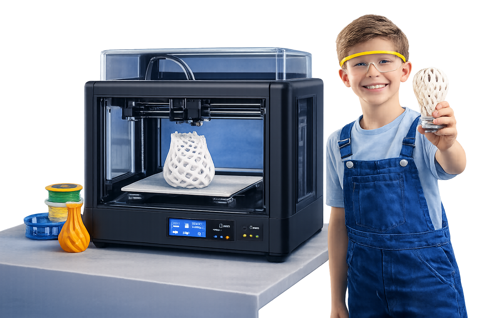 Школьник у 3D-принтера с напечатанной моделью